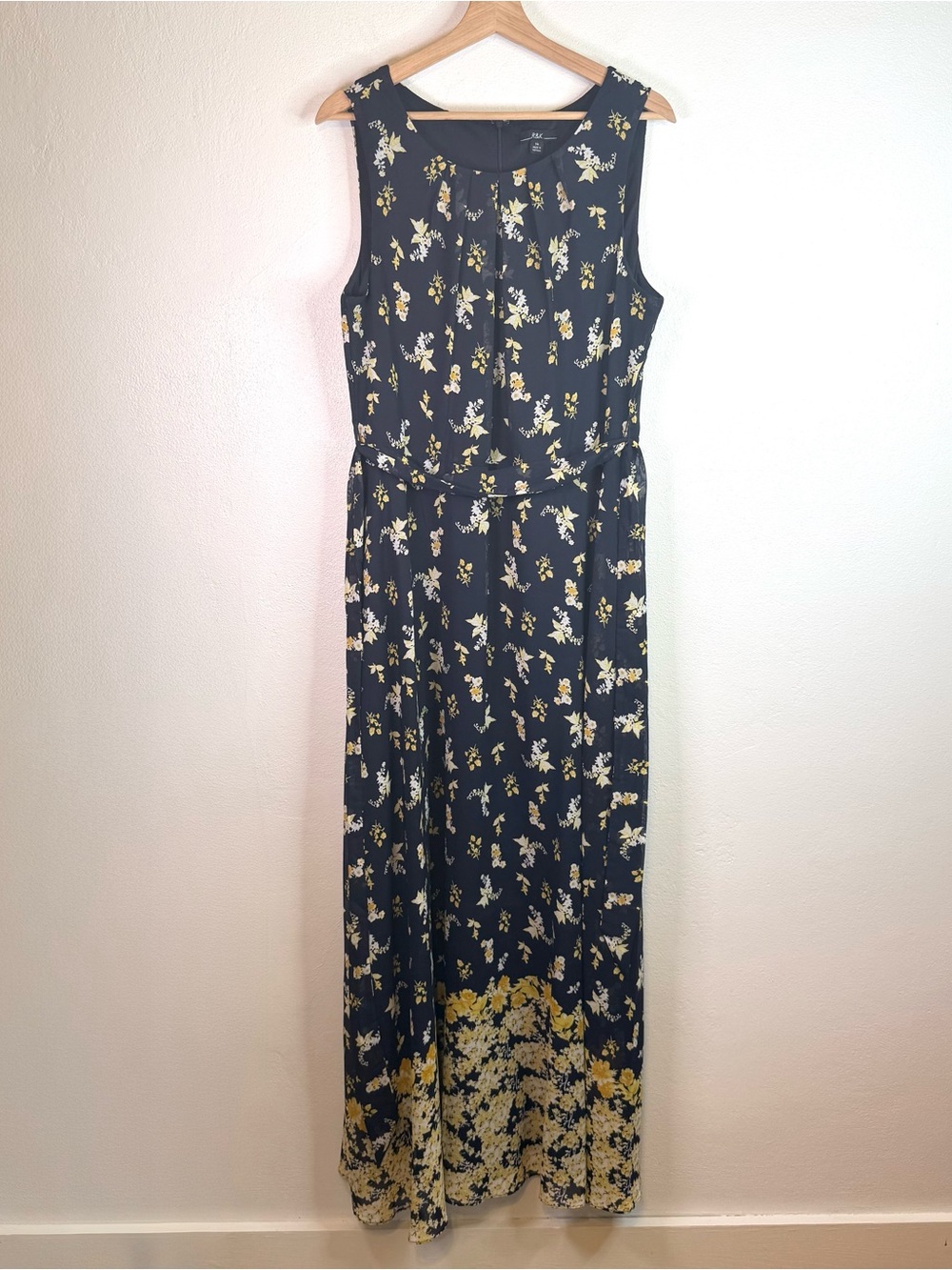 R&K Originals Women's Navy & Yellow Sleeveless Floral Flowy Maxi Dress Size 14